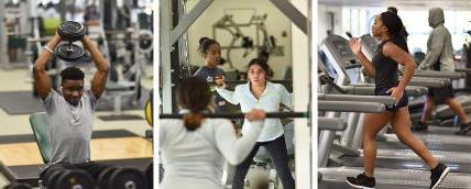 A collage of three scenes in the Delaware Tech wellness center: a woman on a treadmill, another woman doing weighted squat exercises, and a man raising a barbell above his head with both hands.